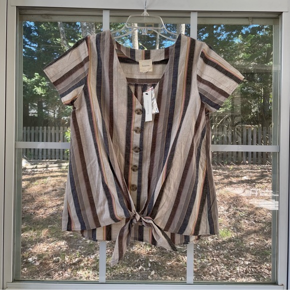 Harper button front top with v neck, tie front, short sleeves. Earth tones. - Picture 6 of 7